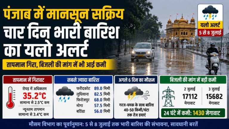 Punjab Weather Update: पंजाब में मानसून ने बढ़ाई रफ्तार, चार दिन भारी बारिश का यलो अलर्ट; तापमान गिरा