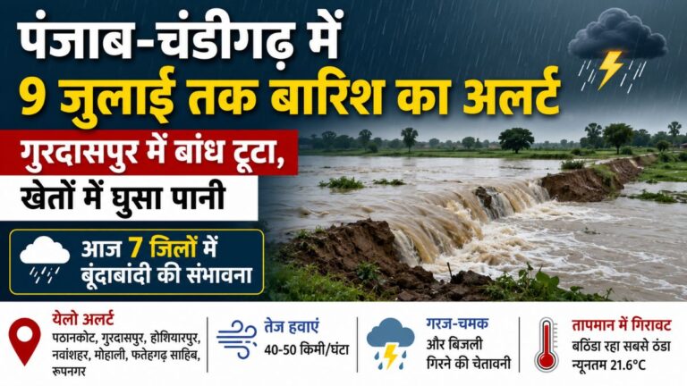 Punjab Weather Update: चंडीगढ़ समेत पूरे पंजाब में में 9 जुलाई तक बारिश का अलर्ट, 7 जिलों में आज हल्की बारिश की संभावना