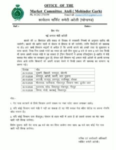 Ateli Mandi News: अटेली नई अनाज मंडी में बाजरा खरीद का तीसरा रोस्टर जारी, 26 से 31 अक्टूबर तक तय गांवों के किसान ला सकेंगे फसल