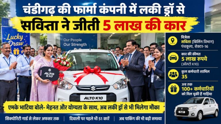 चंडीगढ़ की फार्मा कंपनी में लकी ड्रॉ, बिलिंग विभाग की सविता ने जीती 5 लाख की कार; पहले दिवाली पर बांटीं 51 कारें