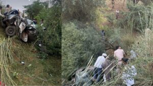 जयपुर में टायर फटने से खाई में गिरी स्विफ्ट, चार दोस्तों की मौके पर मौत; दो घायल